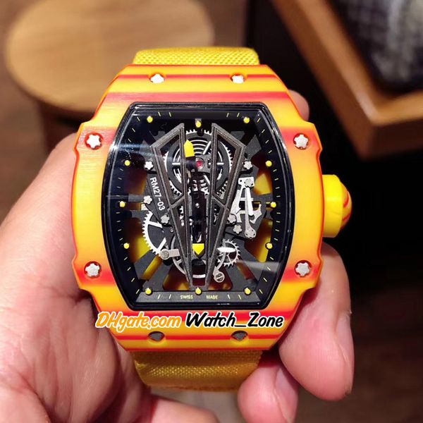 

new rm27-03 27-03 skeleton dial ntpt yellow carbon fiber case miyota automatic mens watch tellow nylon strap gents watches watch_zone m-e189, Slivery;brown