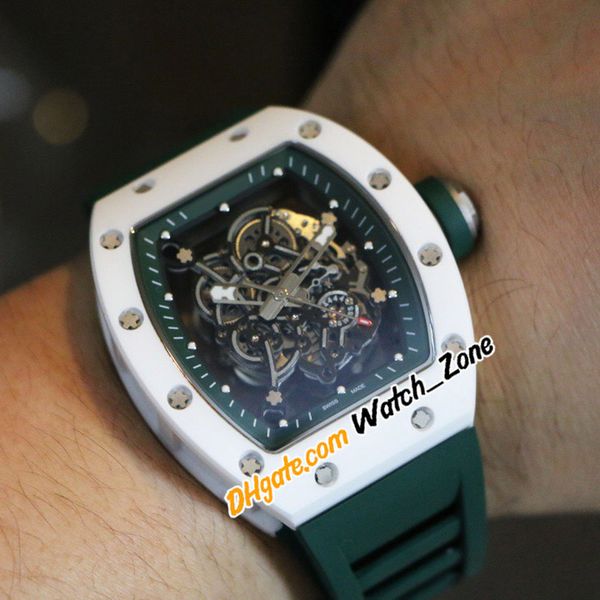 

41mm new 035 skeleton dial green inner miyota nh automatic mens watch white ceramic case sapphire green rubber strap sport gents watches wat, Slivery;brown