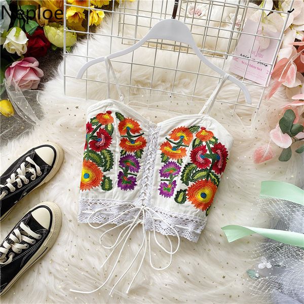 

neploe boho embroidery flower women tanks camis sleevelss knitted fashion summer vest 2020 new short slim chic lady 1c384, White