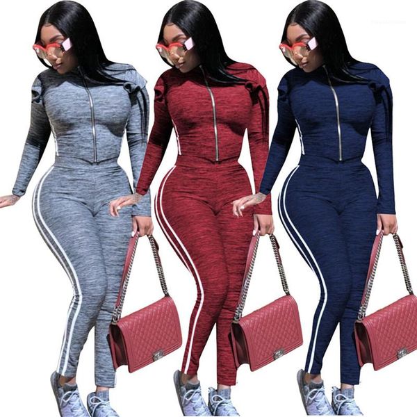 

clothes sports zipper fly two piece pants casual slim womens set striped panelled stand collar tracksuit women, White