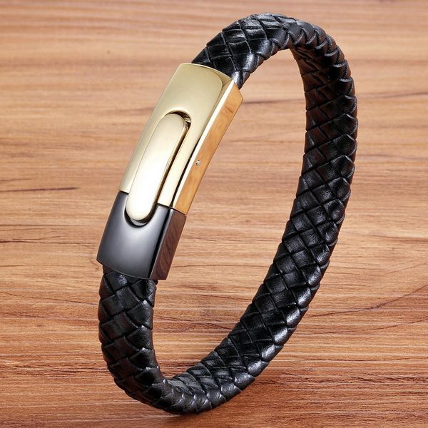

individual stainless steel magnetic buckle braided leather rope men's bracelet jewelry simple elegant wrist strap, Golden;silver