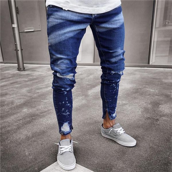 

mens fashion high street ripped jeans pants streetwear painted distressed denim trousers ankle zipper washed, Blue