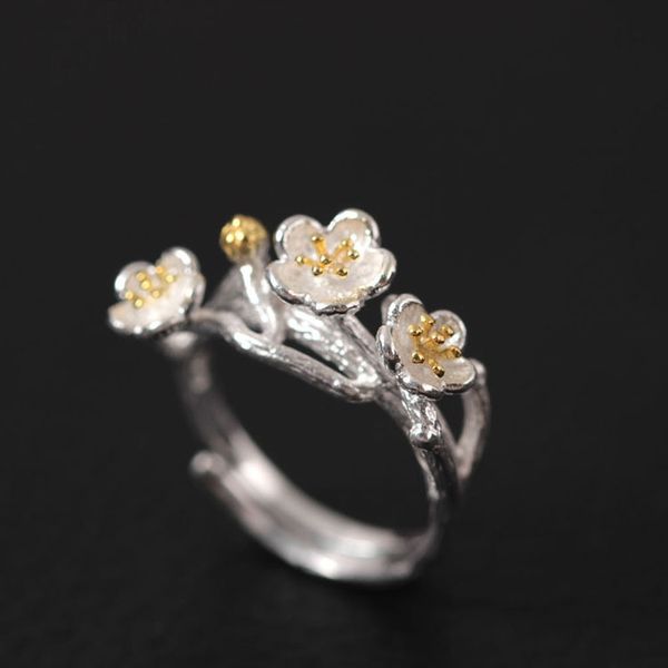 

s925 silver Chinese style handmade ethnic style flower ring temperament fresh plum blossom opening adjustable ring ancient style