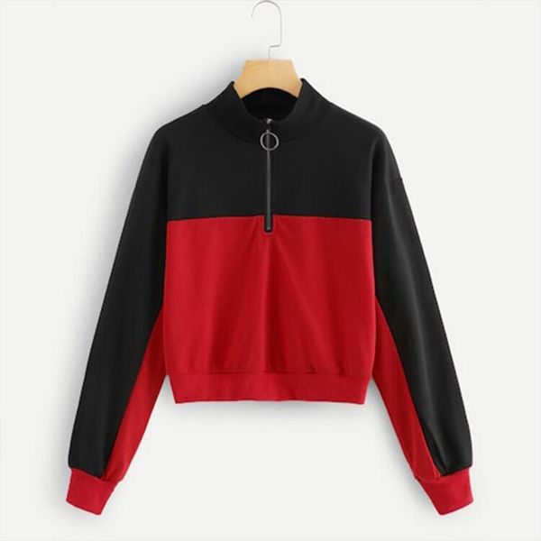 

zipper turtleneck sweatshirt women girls splicing color patchwork long sleeve hoodies pullover sweat femme women sweatshirt, Black