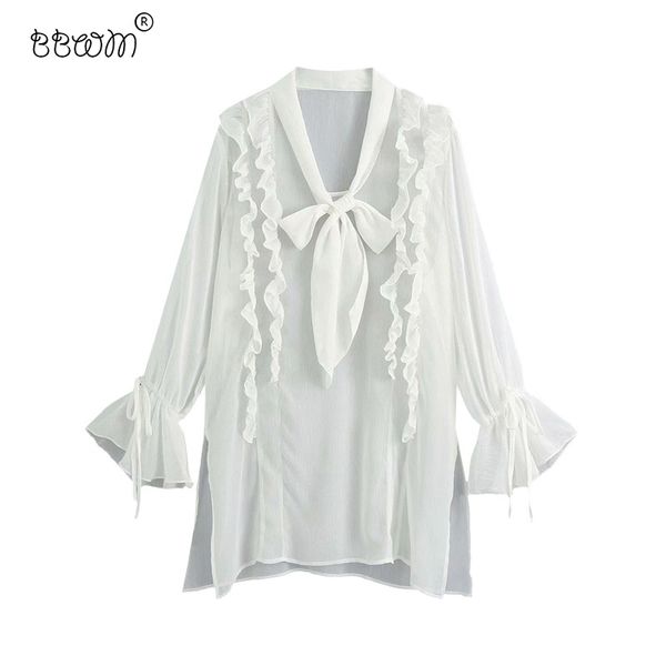 

2020 women fashion see through ruffles blouses vintage bow tied v neck side open shirts female chic, White