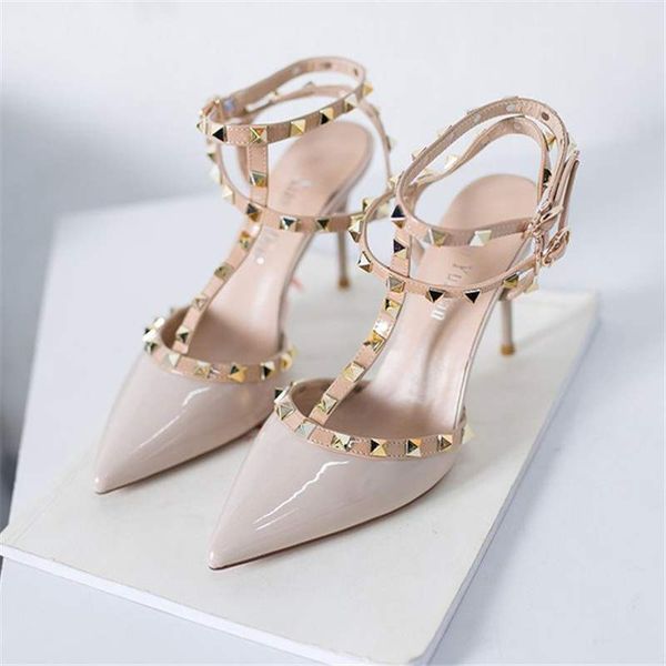 

ultra fine heel rivet high heel shoes pointed shallow mouth single shoes button willow stud sandals fairy style, Black