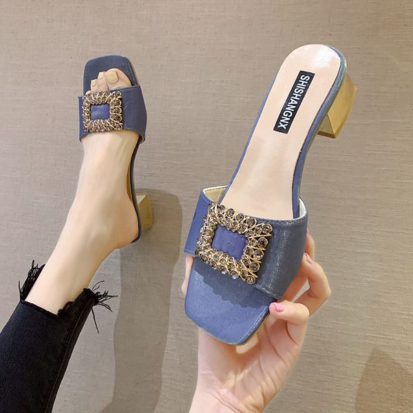 

2020 summer shoes women slippers medium heels dress shoes square metal slipper woman slides female zapatos mujer 8146l, Black