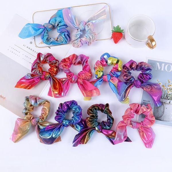 Orelha de coelho bandana do arco-íris arco de cabelo Gravatas Bandas Glitter Laser Cabelo Elastic Mulheres rabo de cavalo titular Meninas Scrunchies Cabelo Acessórios DW5781