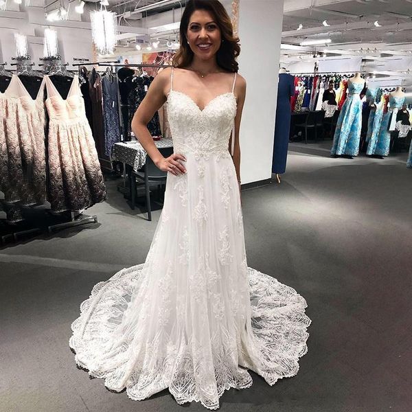 

ivory full lace wedding dresses summer beach boho bridal gowns spaghetti straps pearls beading sweep train long wedding gowns l27, White