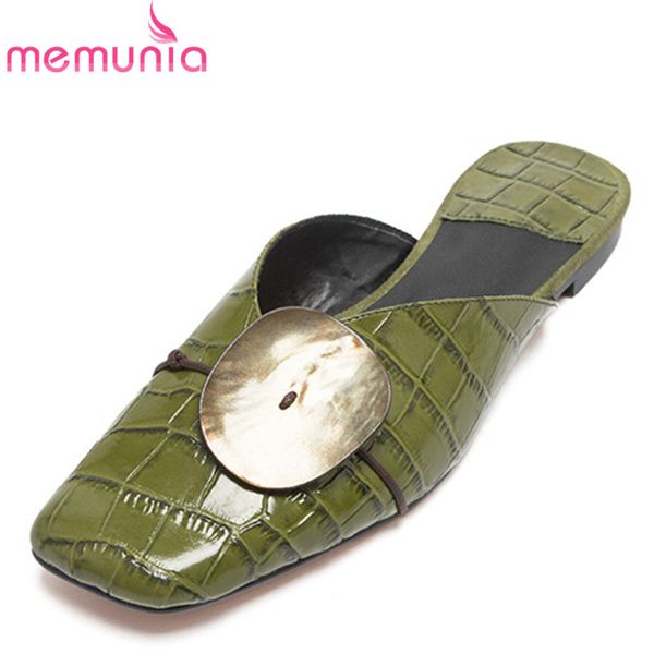 

memunia 2020 big size 40 women slipper metal decoration genuine leather shoes square toe spring summer flat slipper ladies, Black