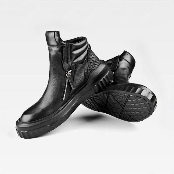 

2020 men business casual high-shoes genuine leather british ankle boots winter snow boots sneaker zip flat shoes, Black