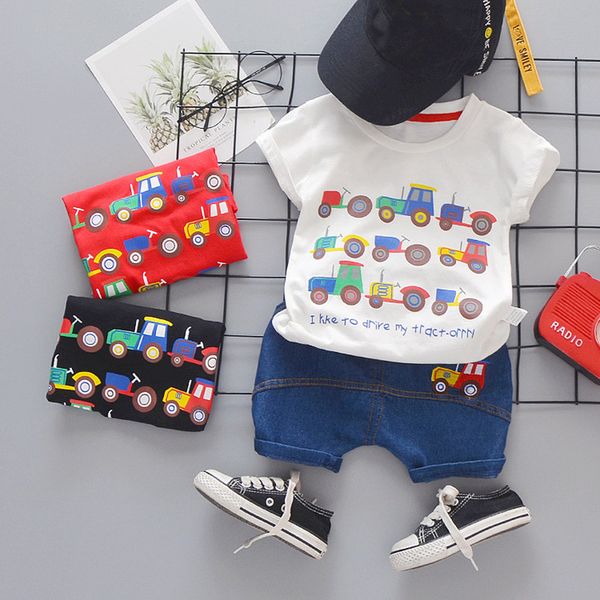 

toddler baby boy clothes summer set kid boys set short sleeve car print t shirt soft denim infant children clothing outfit lj200814, White