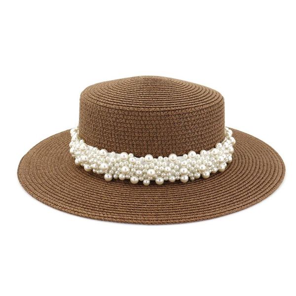 

new summer vintage women wide brim straw fedora jazz hat female casual flat brim panama caps sun hat with pearl accessories, Blue;gray