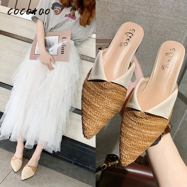 

half baotou female wear 2020 spring and summer new fashion color matching woven mules shoes korean fairy sandals and slippers, Black