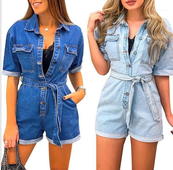 

summer designer lapel neck short sleeve button sashes pocket jeans females fashion casual trousers womens punck rock demin jumpsuits, Black;white