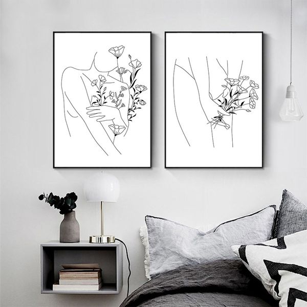 

girl body poster flower abstract canvas painting line drawing wall art woman line print nordic wall pictures bedroom decor