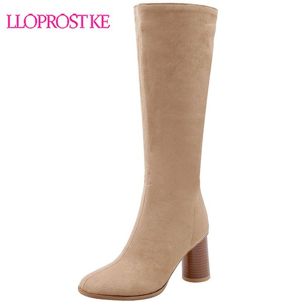

lloprost ke 2020 new autumn winter warm fur women knee high boots zipper round toe fashion thick high heel casual long boots, Black