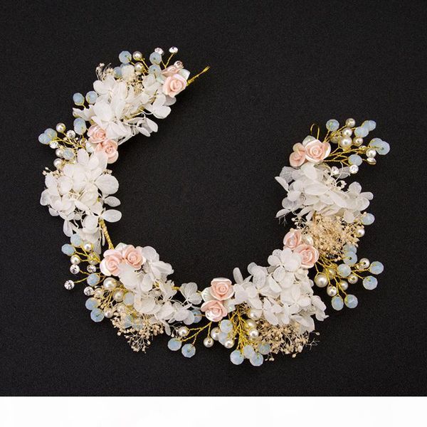 

luxury bride hair accessories pink flower crystal bridal headband pearl floral beach wedding tiara hair jewelry headpiece party, Slivery;golden