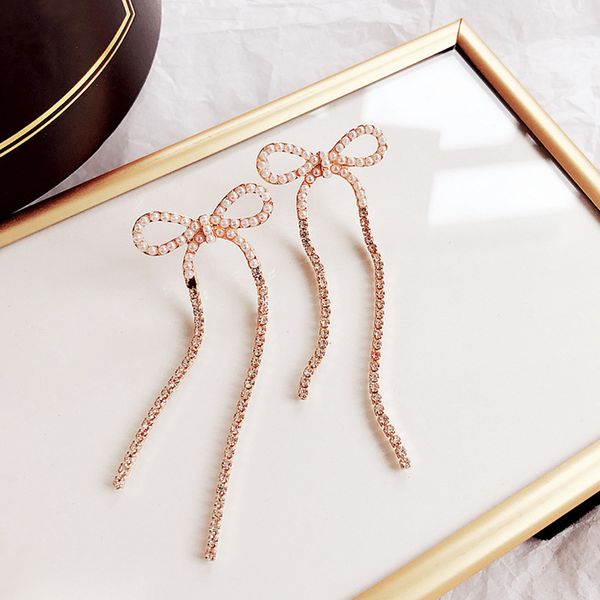 

dominated 2020 fashion pearl bow earrings chain tassels long crystal women drop earrings, Silver