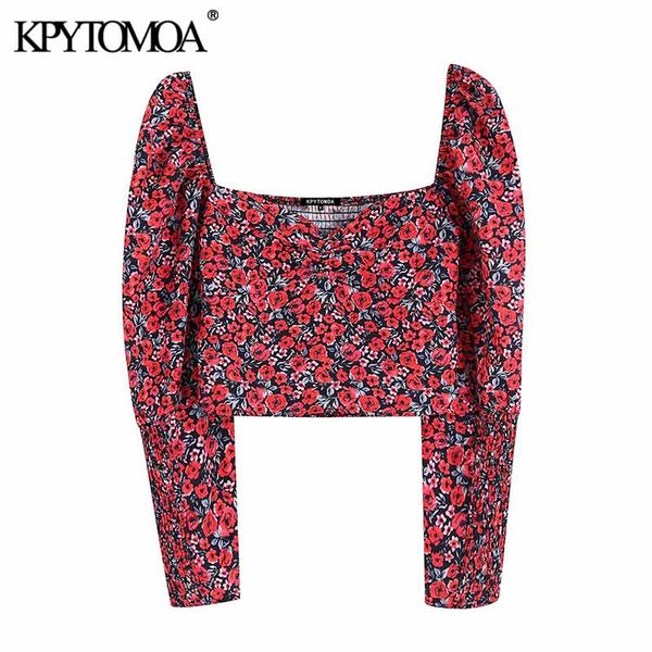 

kpytomoa женщины моды цветочные печати обрезанные блузы женщины vintage v шеи длинным рукавом назад упругие женские рубашки chic tops, White