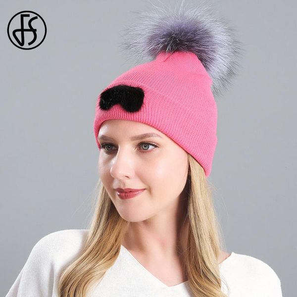 

fs knitted faux raccoon fur pompom hats for women winter warm caps yellow pink fashion skullies beanies bonnet, Blue;gray