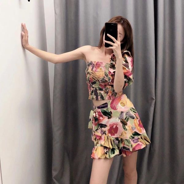 

women's tracksuits 2021 women slim-looking asymmetrical printed short skirt summer sets, Gray