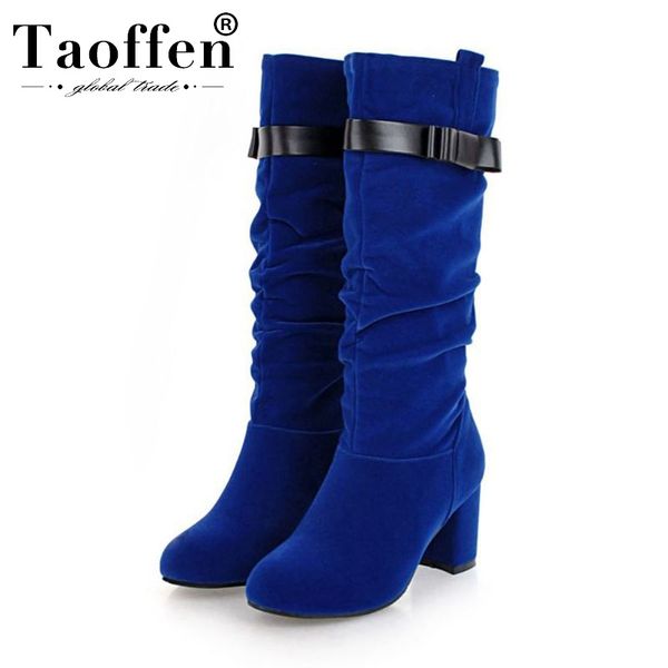 

taoffen women party winter knee high boots round toe buckle office ladies retro boots chunky heels footwear size 31-43, Black