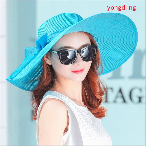

simple summer straw hat women big wide brim beach hat sun foldable sun block uv protection panama bone chapeu feminino, Blue;gray