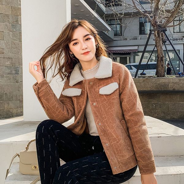 

woman short woolen coat casual autumn jacket fleece collar long sleeve thick woolen jacket female outwear kawaii short coats, Black