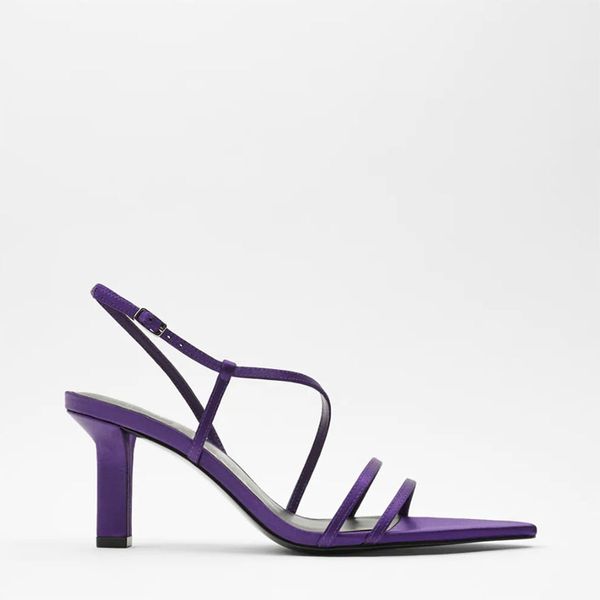 

summer purple silk satin texture thin strip women rome sandals fashion pointed open toe women high heels gladiator sandals, Black