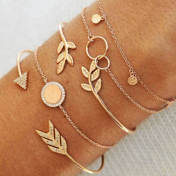 

boho alloy creative arrow leaves pendant bracelet combination 5 pieces sets lovers gift luxury bohemian style female bracelets, Red;blue