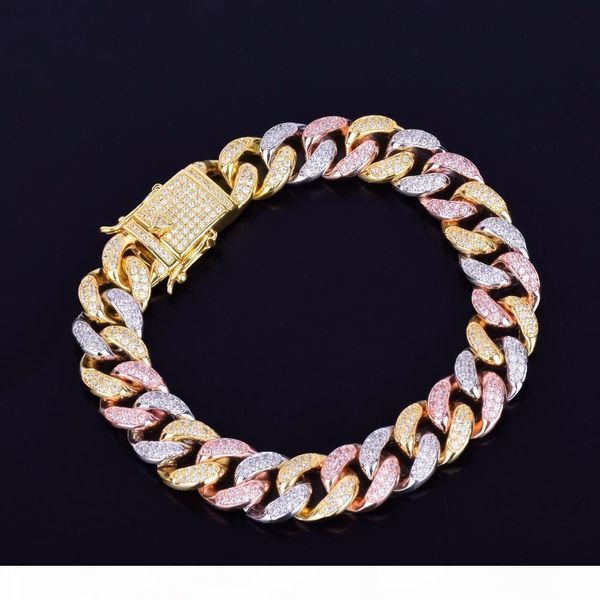 

12mm 6 7 8 9 10inches mixed colors cuban chain bracelet gold silver rosegold cz jewelry for men women, Black