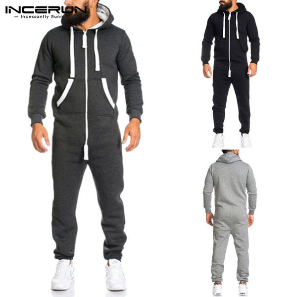 

incerun men jumpsuit hooded long sleeve pockets bodybuilding solid mens overalls fashion chic pants zipper rompers streetwear, Black
