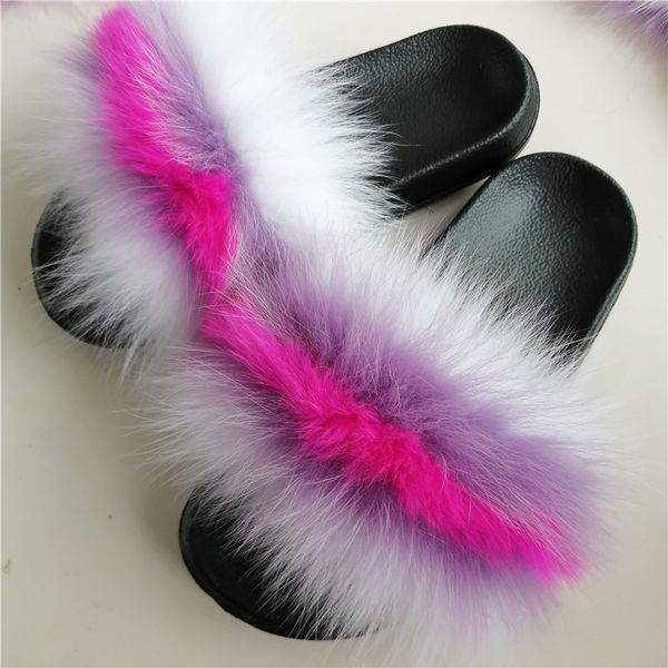 

summer furry slides for women soft flat fluffy home slippers real fur flip flops female summer outdoor plush beach shoes, Black
