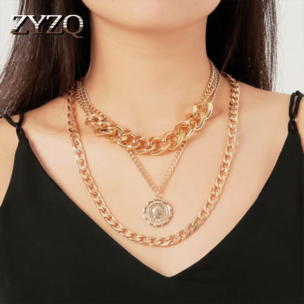 

zyzq euro style hyperbole necklace for women thick metal chain accessories cool personality layered necklace with coin pendant, Silver