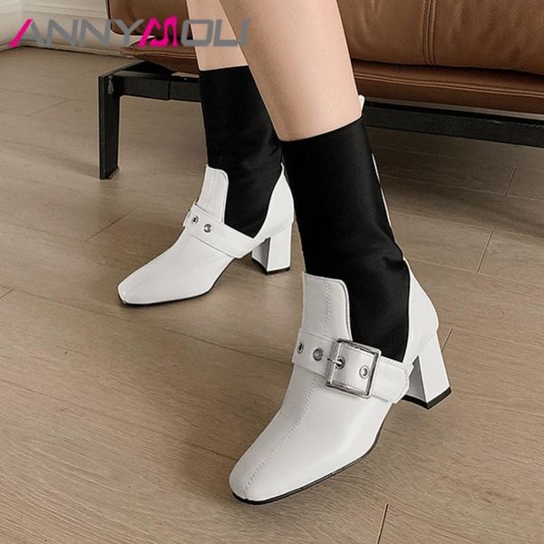 

annymoli mid calf boots high heel woman boots block heel shoes buckle round toe ladies autumn winter white red big size 44, Black