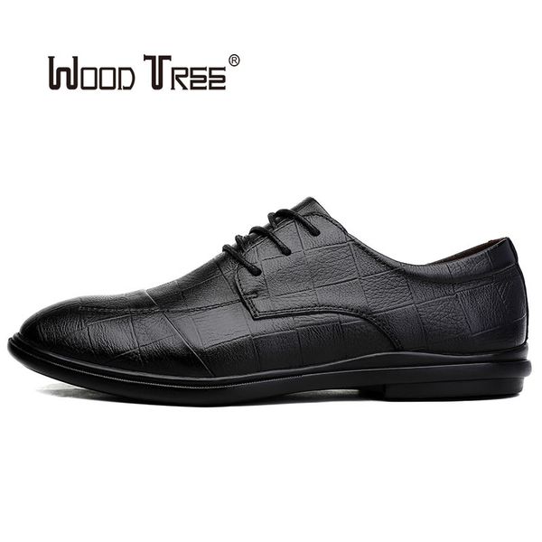 

woodtree men's leather shoes breathable pointed men's dress shoes lace up waterproof solid business black flats