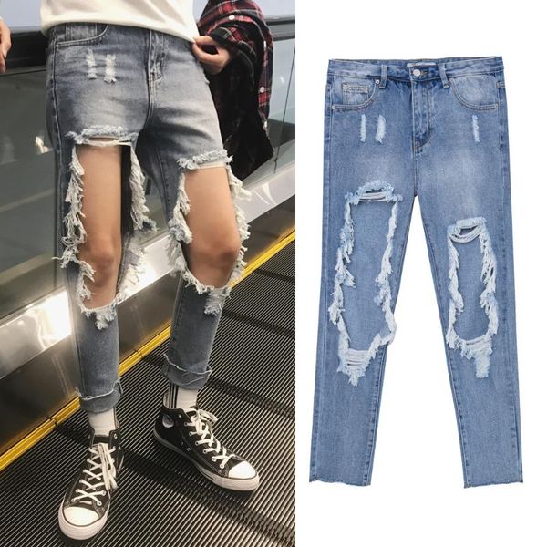 

spring dew leg big hole wash to make old jeans pants men's pants, Blue