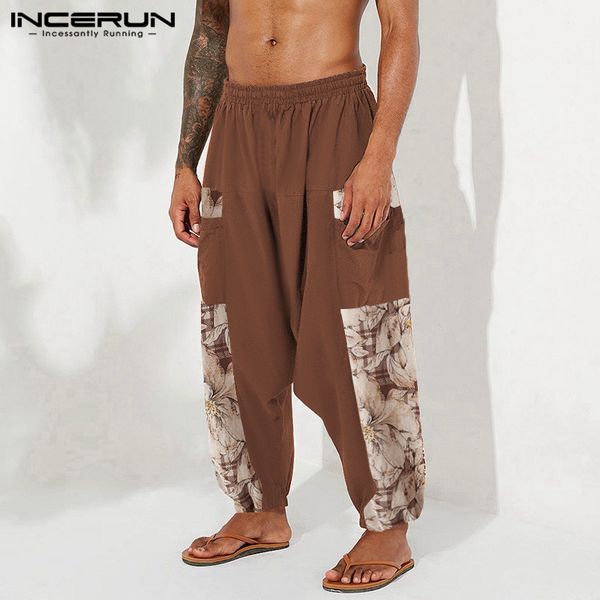 

incerun men casual pants joggers print patchwork streetwear retro harem pants men cotton elastic waist 2020 drop crotch trousers, Black