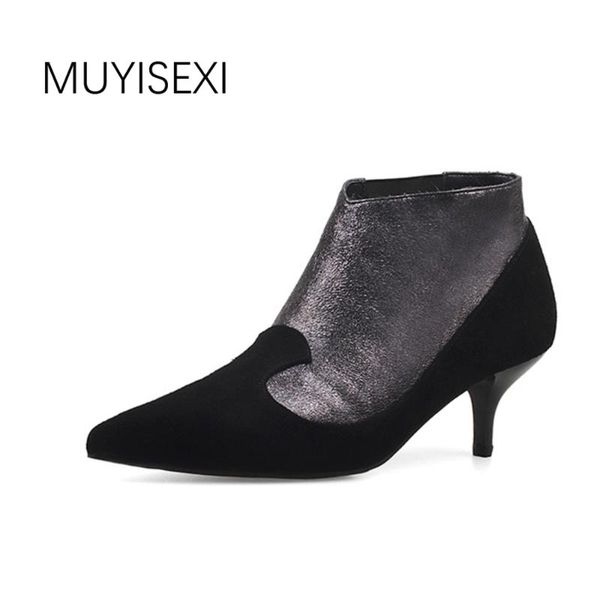 

ankle boots genuine leather pointed toe 6cm thin high heels autumn boots for women bottine femme plus size 34-41 hl06 muyisexi, Black