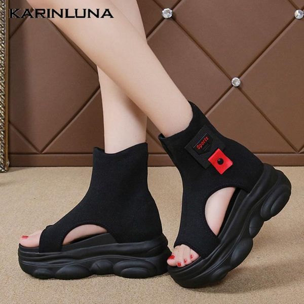 

karin 2020 dropship gladiator women sandals med wedges peep toe platform flats summer casual woman shoes, Black