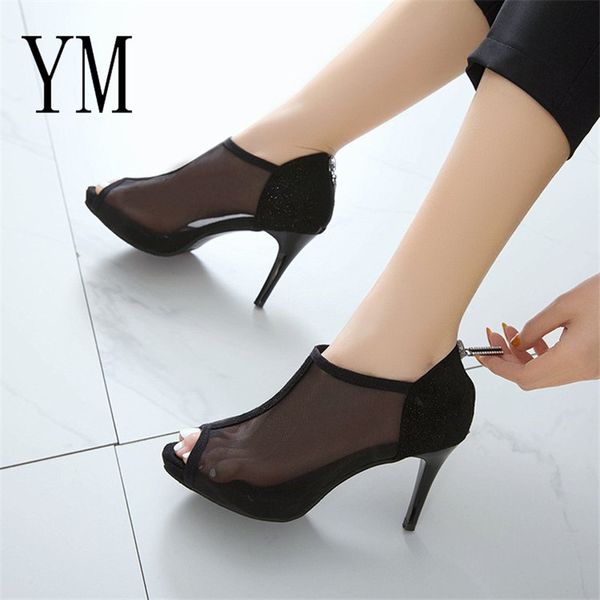 

2020 gladiators sandals rome fashion summer women shoesthin heels woman slides peep toe solid lady mesh tied sandals shoe, Black