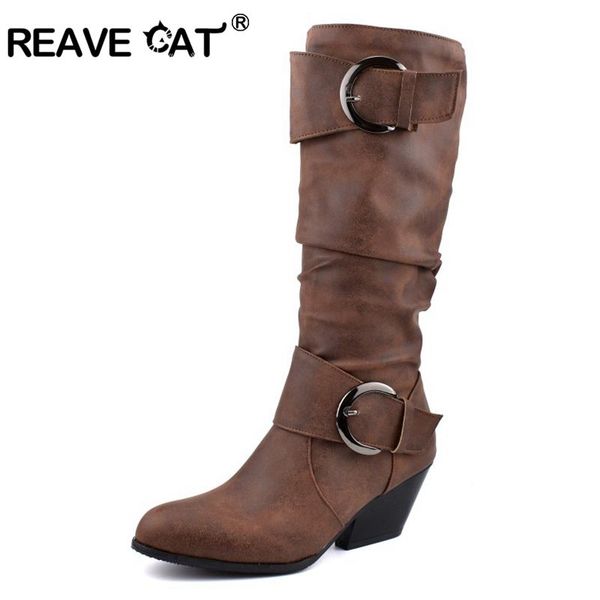 

boots reave cat large size 34- 48 retro block heels knee round toe buckle zipper shoes autumn winter westernbooties black brown
