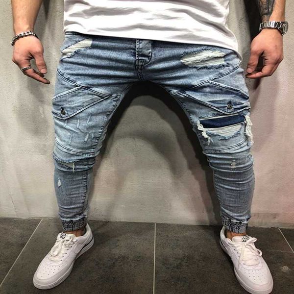 

streetwear hip hop ripped skinny biker jeans destroyed stretch cotton denim trousers plus size 40 dropshipping, Blue