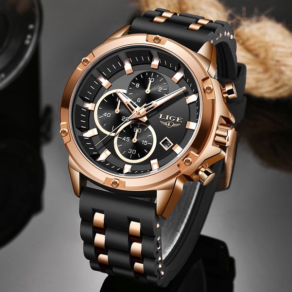 

2020 lige new business black classic mens watches watch men waterproof silicone strap sport chronograph clock, Slivery;brown