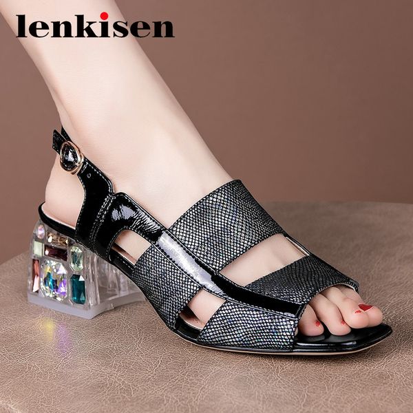 

lenkisen genuine leather high fashion gorgeous catwalk mature peep toe high square heels buckle straps summer sandals women l81, Black