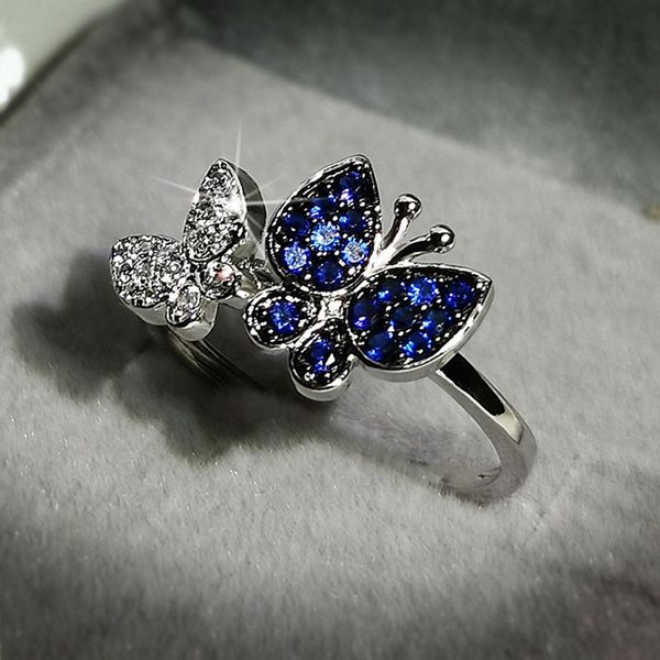 

2020 fashion female jewelry butterfly with mosaic blue zircon stone rings for women bowknot wedding jewelry gift, Slivery;golden
