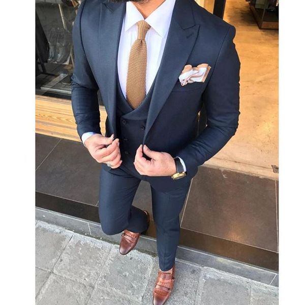 Yüksek Kalite Tek Düğme Lacivert Damat Smokin Tepe Yaka Groomsmen Erkek Takım Elbise Düğün / Balo / Akşam Yemeği Blazer (Ceket + Pantolon + Yelek + Kravat) K521