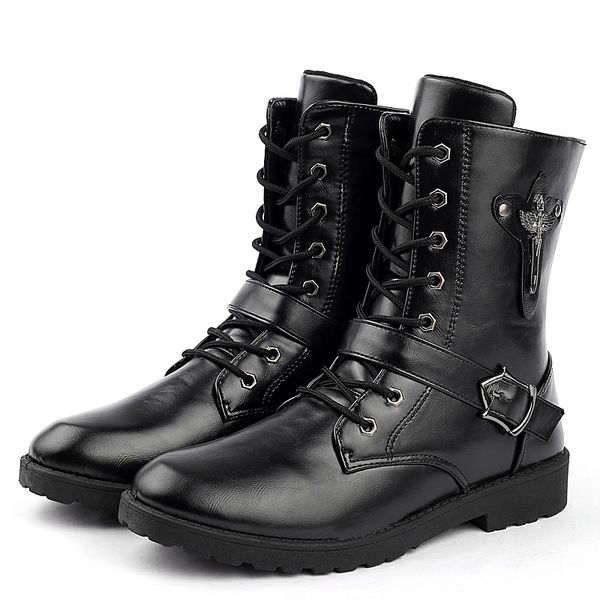 

2020 autumn punk style boots men fashion pu leather lace-up motorcycle boots black vintage high buckle shoes man ankle boot