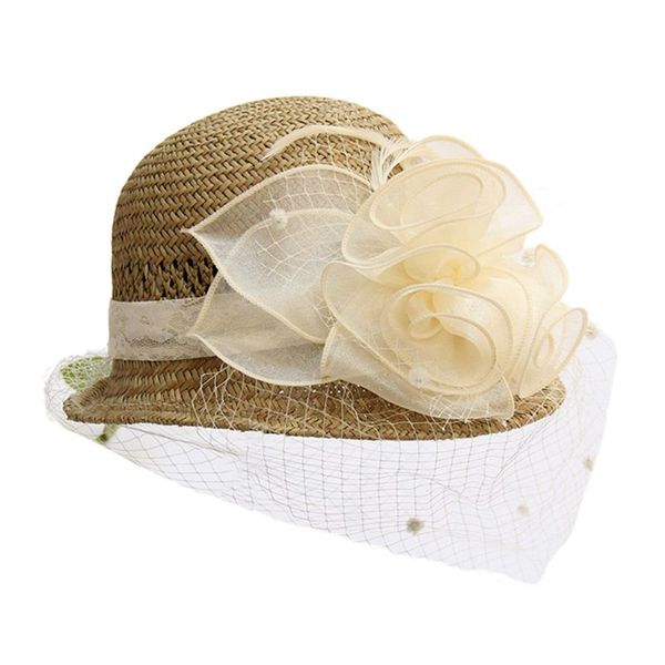 

women retro hepburn straw bucket sun hat floral bow mesh veil cloche cap x7xc, Blue;gray